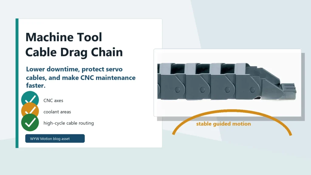 Machine tool cable drag chain protecting CNC servo cables to reduce downtime and maintenance cost