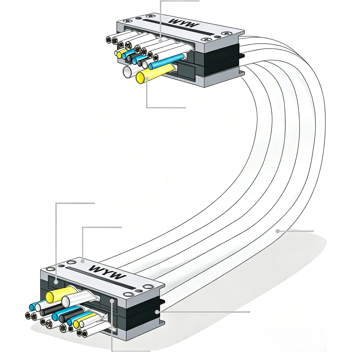 WYW cable layout diagram showing multi-cable routing inside a plastic drag chain system